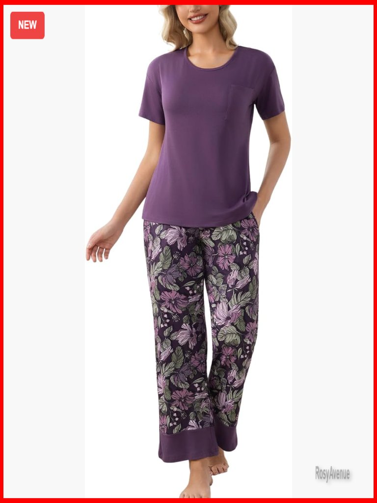 Women's Pajama Set Short Sleeve Top And Printed Long Pants With Pockets